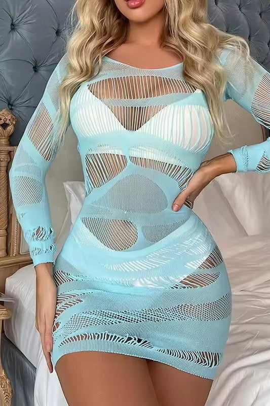 Light Blue Shredded Sheer Mini Dress - Exotic Wear BLESSSAFE