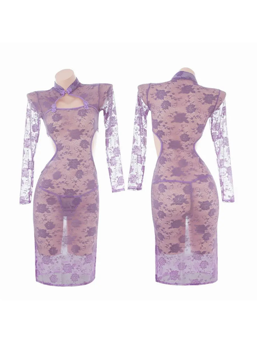 Purple Floral Lace Slit Cheongsam - Transparent Chinese Teddy Blesssafe