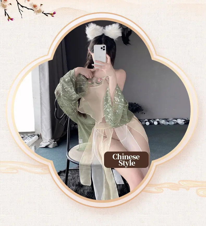Ethereal Jade Green & Beige Oriental Dudou & Paneled Skirt 4-Piece Set blesssafe
