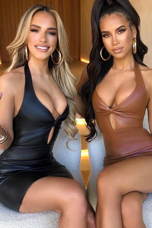 Black Faux Leather Halter Neck Dress - Short Clubwear Dresses BLESSSAFE