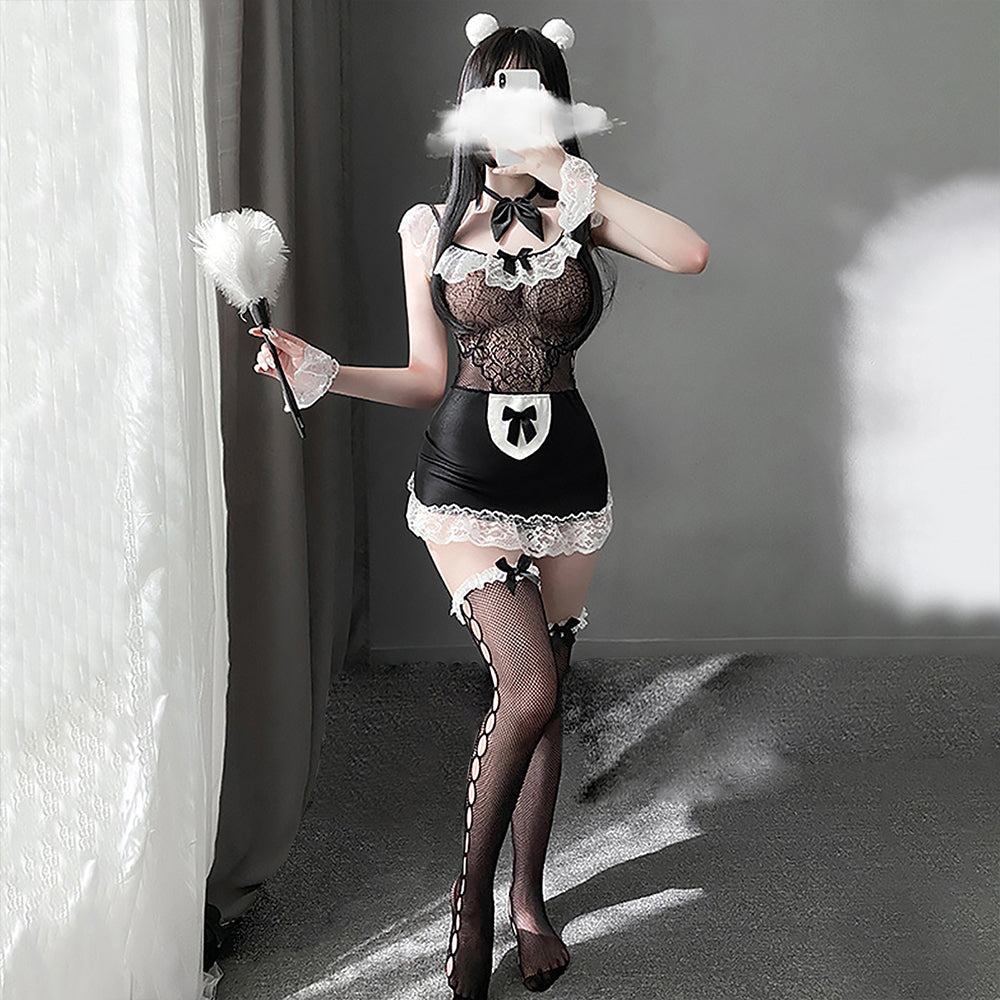 Classic Black Anime Maid Cosplay Outfit Lace Trim Babydoll Set Blesssafe