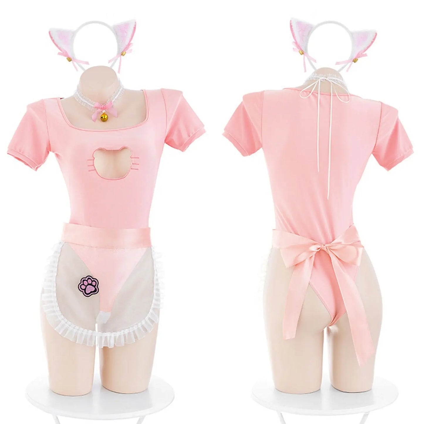 Anime Neko Maid Lingerie Set Pink Open Crotch Bodysuit blesssafe