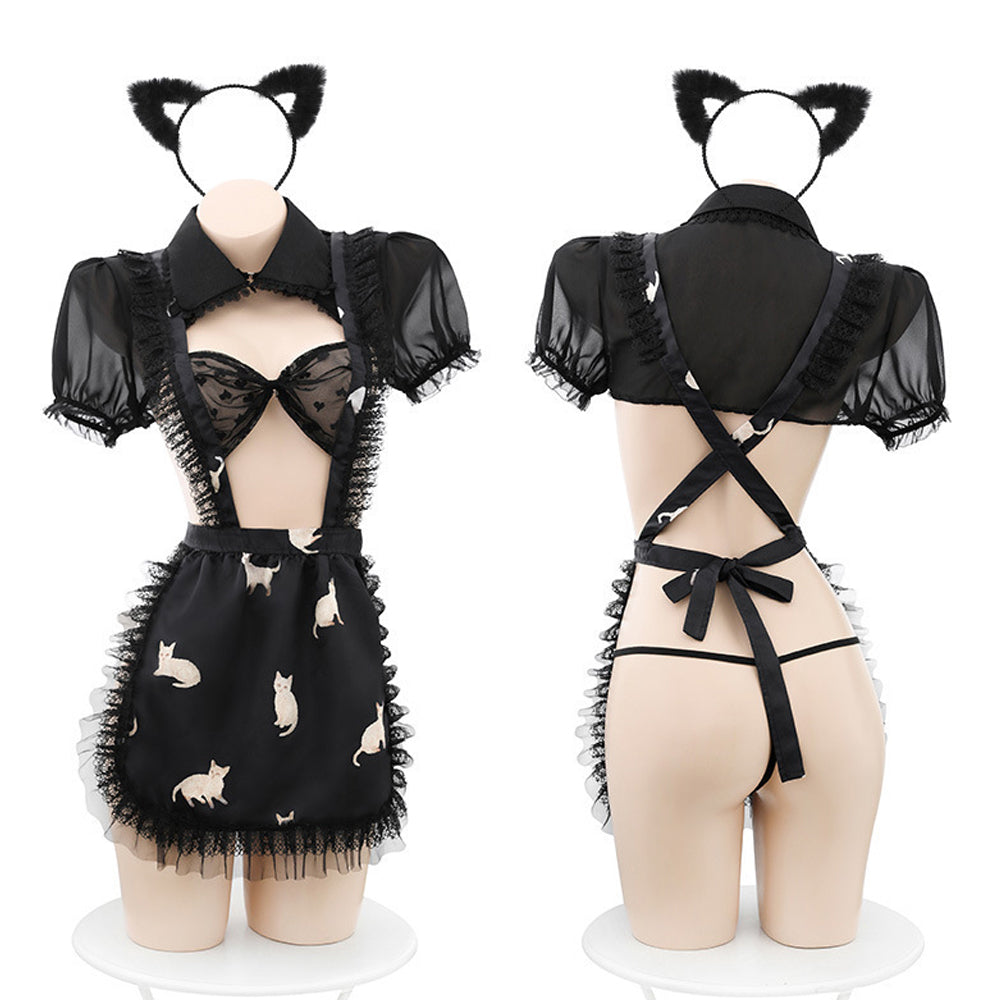 Cat Maid See Through Lingerie Set with Shrug & Suspenders Apron Skirt Blesssafe