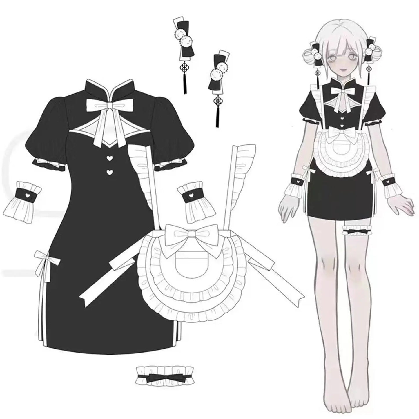Blesssafe Chinese My Lingerie Set Anime Lolita High Slit Cheongsam Dress with Apron Blesssafe