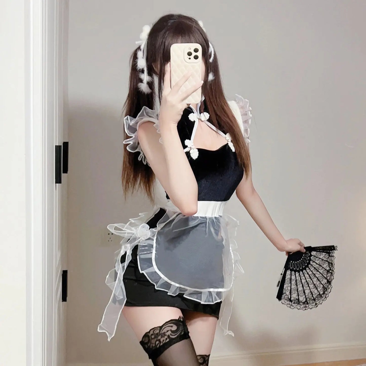 Chinese Style Hollow Out Maid Bodysuit with Mesh Apron Set Blesssafe