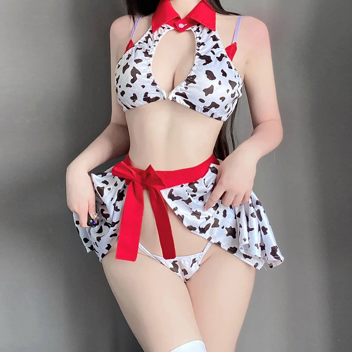 Blesssafe Cow Cosplay Costumes Anime Cow Print Lingerie Halter Crop Top and Mini Skirt Set Blesssafe