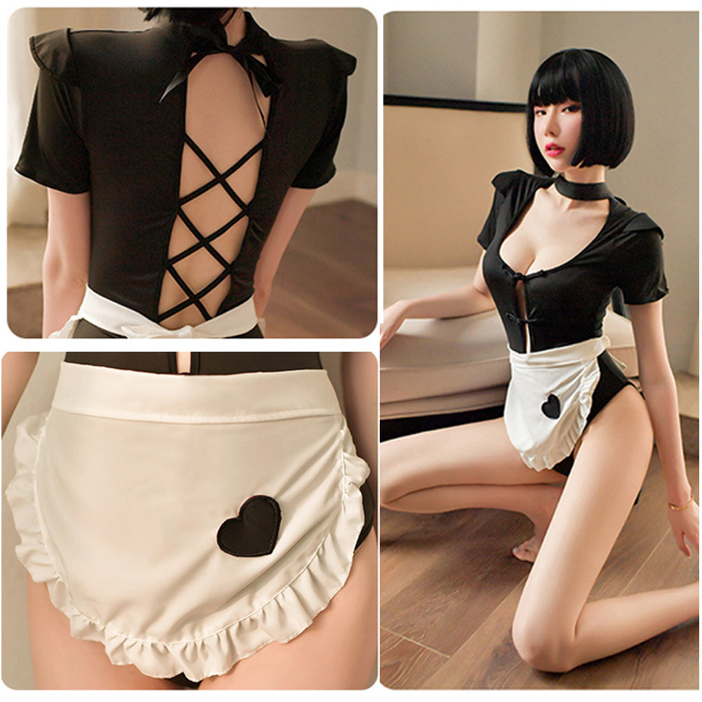 Black Snap Crotch Bodysuit and Maid Apron 2-Piece Costume Set Blesssafe