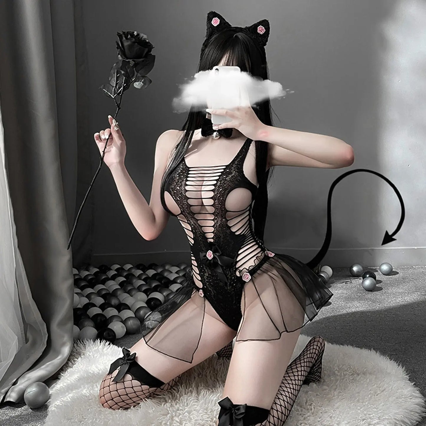 Neko Girl Cute Cat Cosplay Black Hollow Out Teddy Bodysuit blesssafe