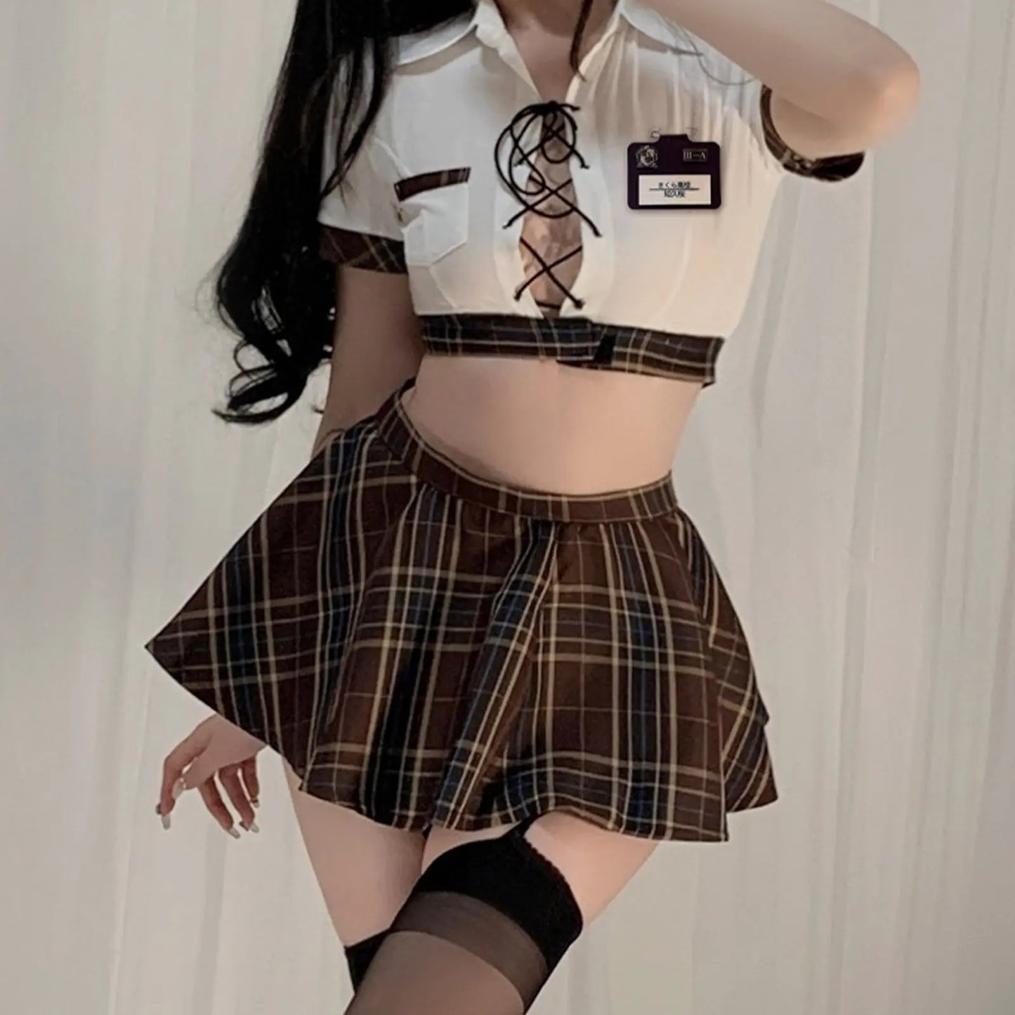 Lace-up Crop top and Browm Plaid Skirt - Two Piece Student Set Blesssafe