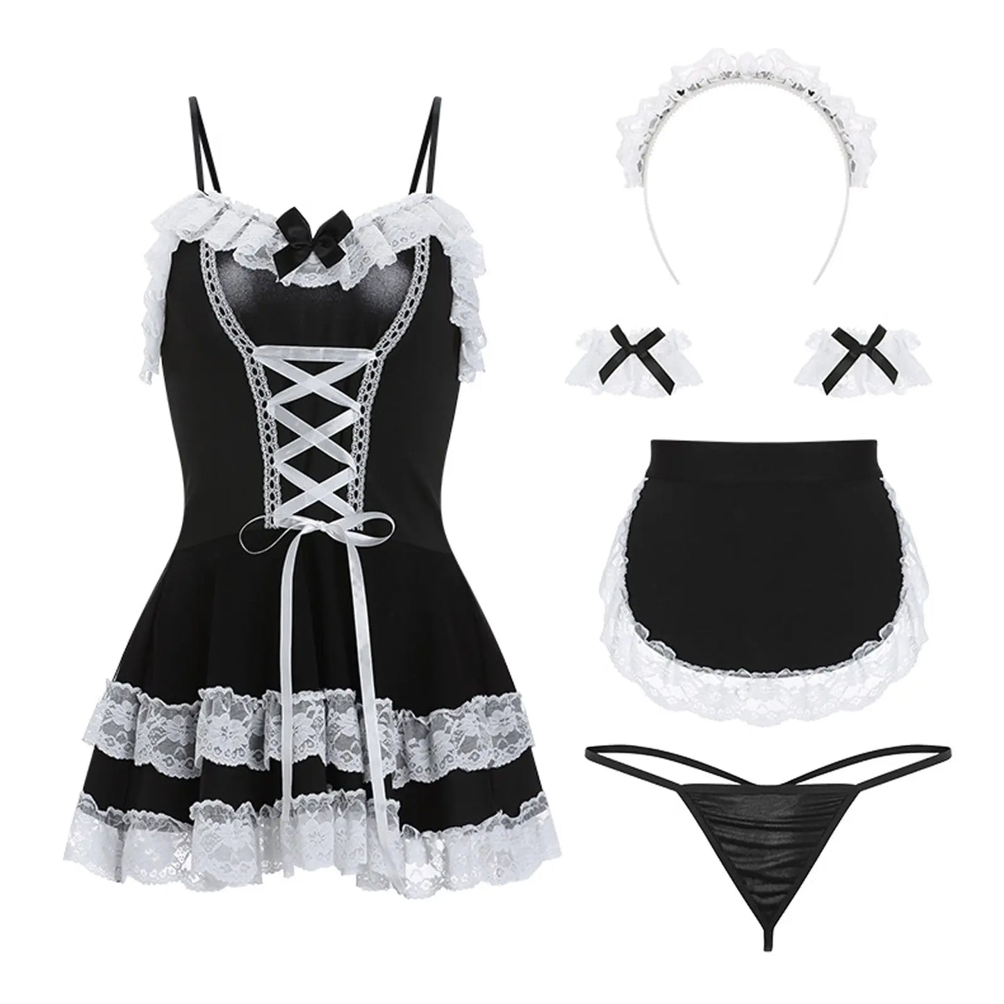 Black Lace Trim French Maid Cosplay Lingerie Dress Set Blesssafe
