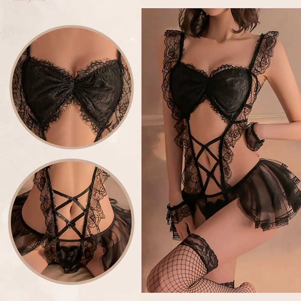 Eyelash Lace College Maid Babydoll Cosplay Uniform Set Blesssafe