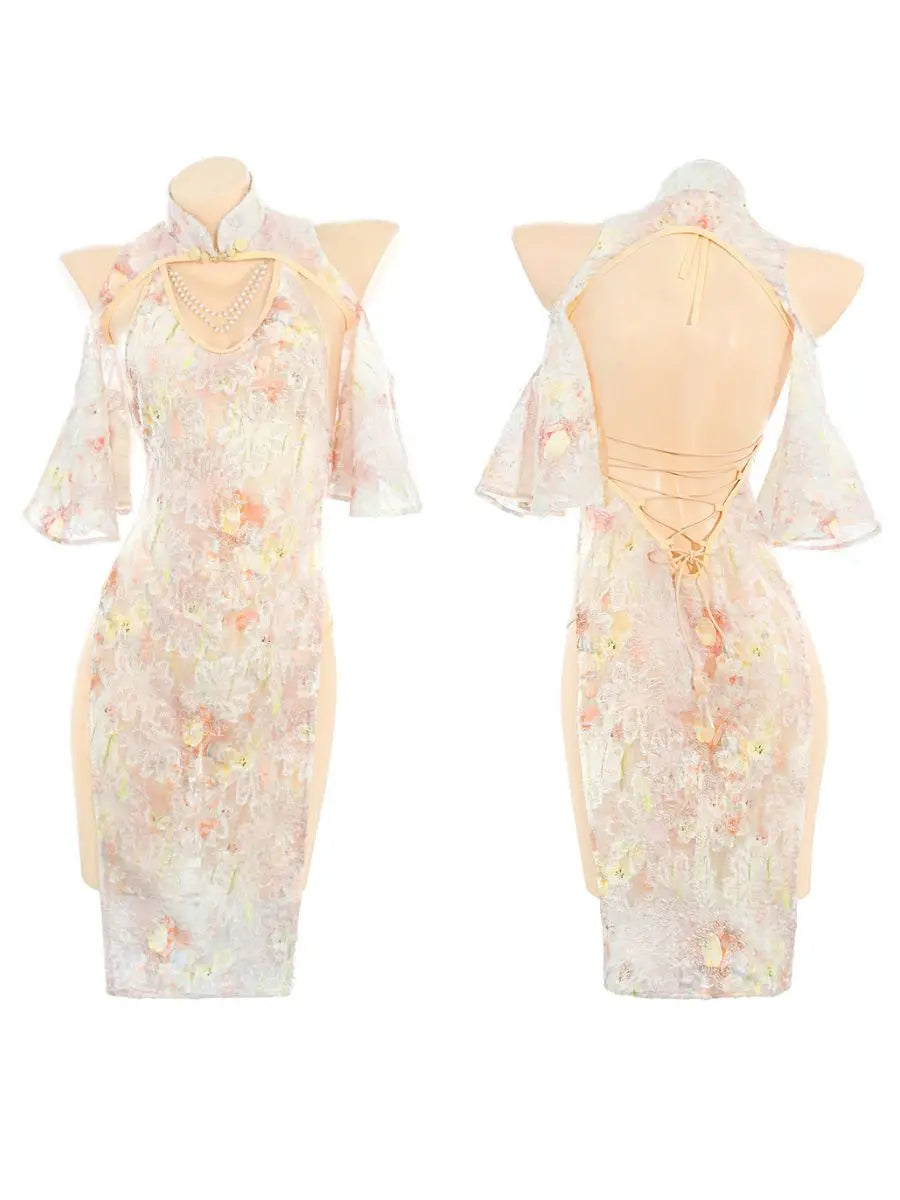 Bloom Lace Hollow Out Cheongsam - Revealing Anime Cutout Teddy Blesssafe
