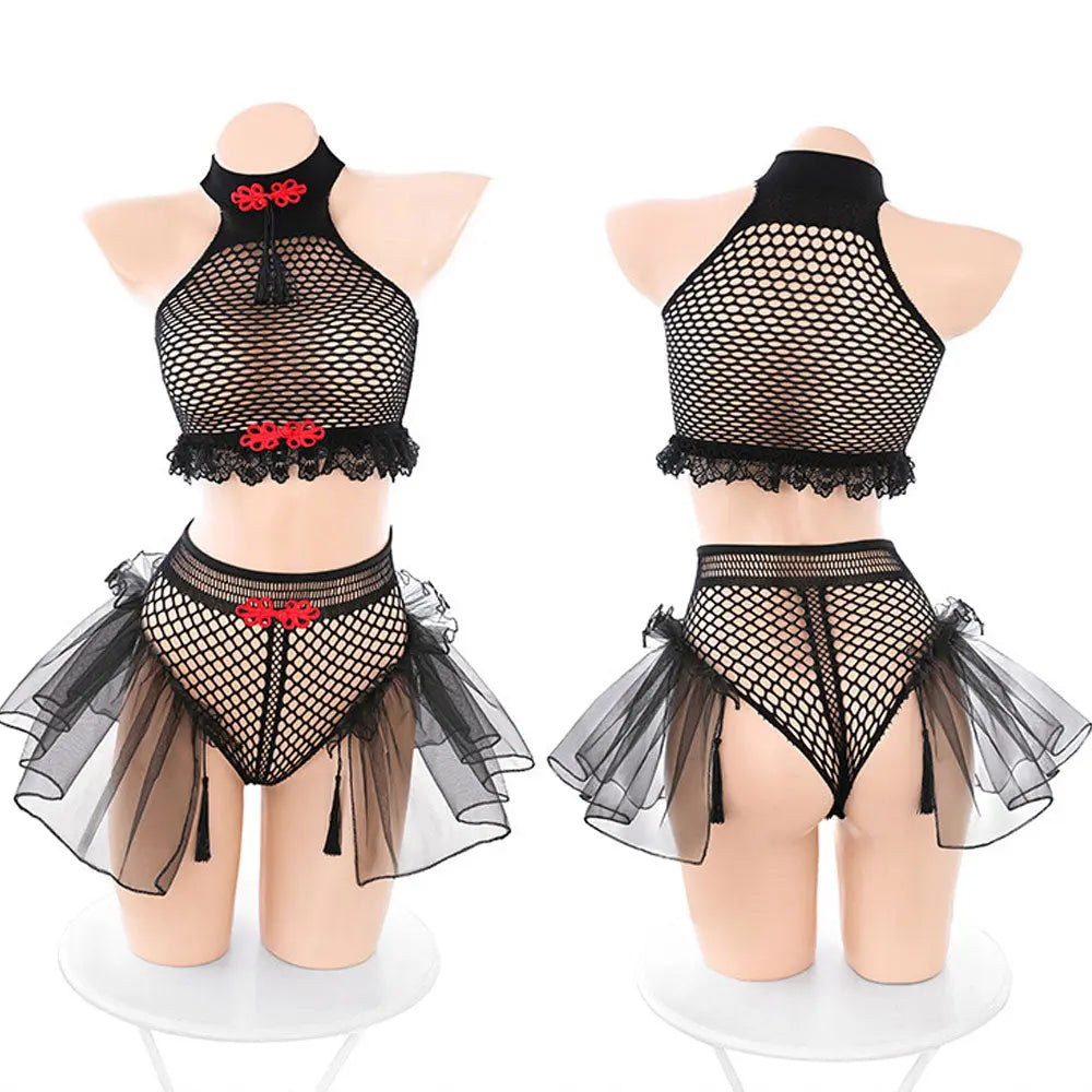 Chinese Style Fishnet Lingerie Set 2 Piece Bodystocking Set Lattice Net Crop Top and Bottom Blesssafe