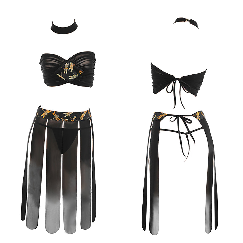 Chinese Vintage Bandeau Set Sheer Mesh Tube Bra and Slit Skirt Costume Blesssafe