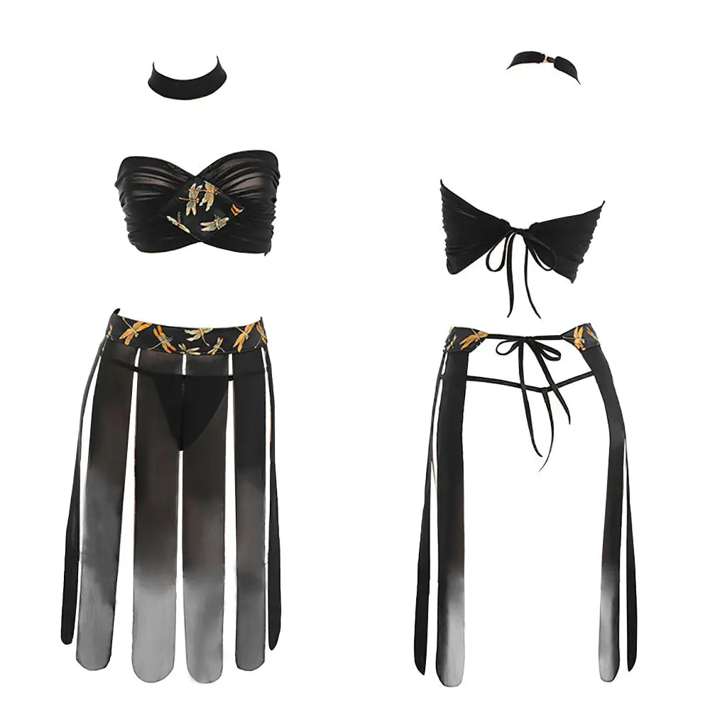 Chinese Vintage Bandeau Set Sheer Mesh Tube Bra and Slit Skirt Costume Blesssafe