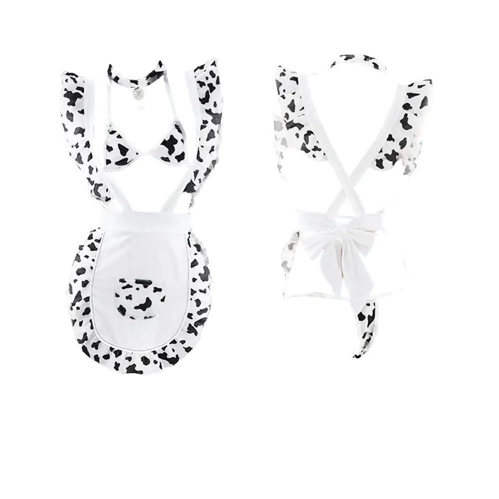 Cow Print Maid Costume Micro Bikini Set with Suspenders Apron Lingerie Set Blesssafe