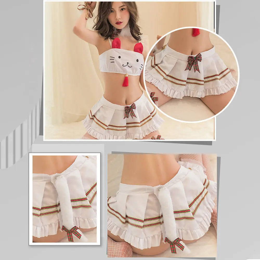 Cute Bunny Costume Cat Print Crop Top and Skirt Set blesssafe
