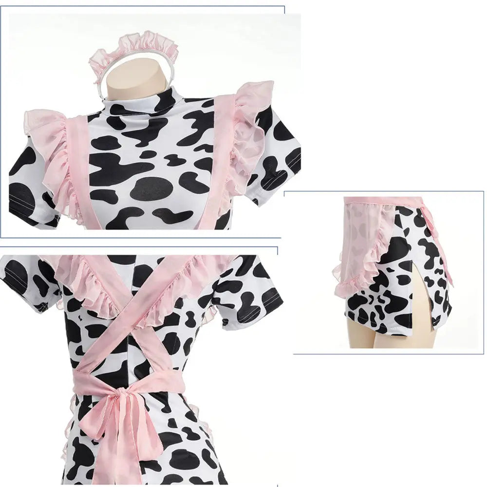 Cute Cow Maid Costume Anime Cow Print Lingerie Set Pink Mesh Maid Apron Babydoll Dress Blesssafe