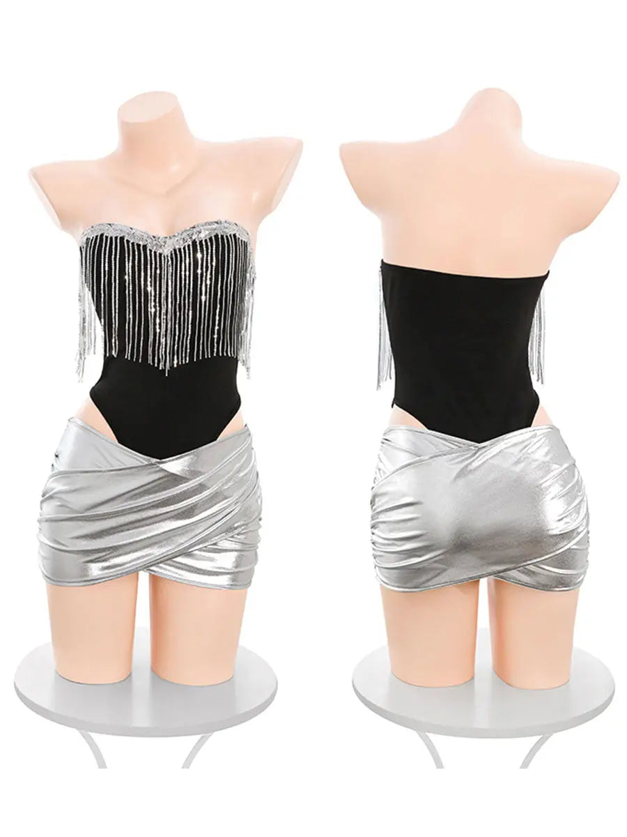 Bunny Rabbit Metallic Skirt Set - Shiny Rave Festival Lingerie blesssafe
