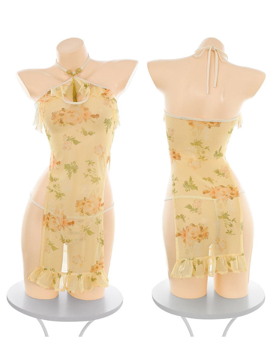 Floral Print Sheer Halter Cheongsam - Transparent Backless Outfit Blesssafe