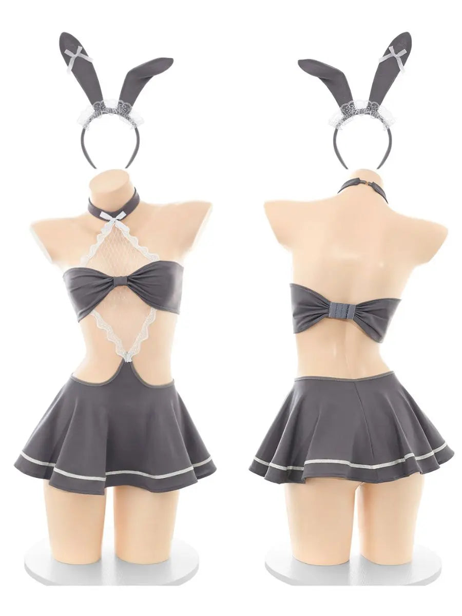 Gray Bunny Girl Cosplay Lingerie Dress - Flirty Slit Rabbit Gown blesssafe