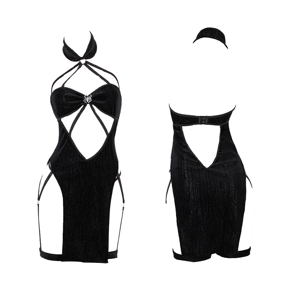 Blesssafe Sexy Chinese Strappy Dress Black Anime Lingerie Cosplay Costume High Slit Clubwear Party Outfits Blesssafe