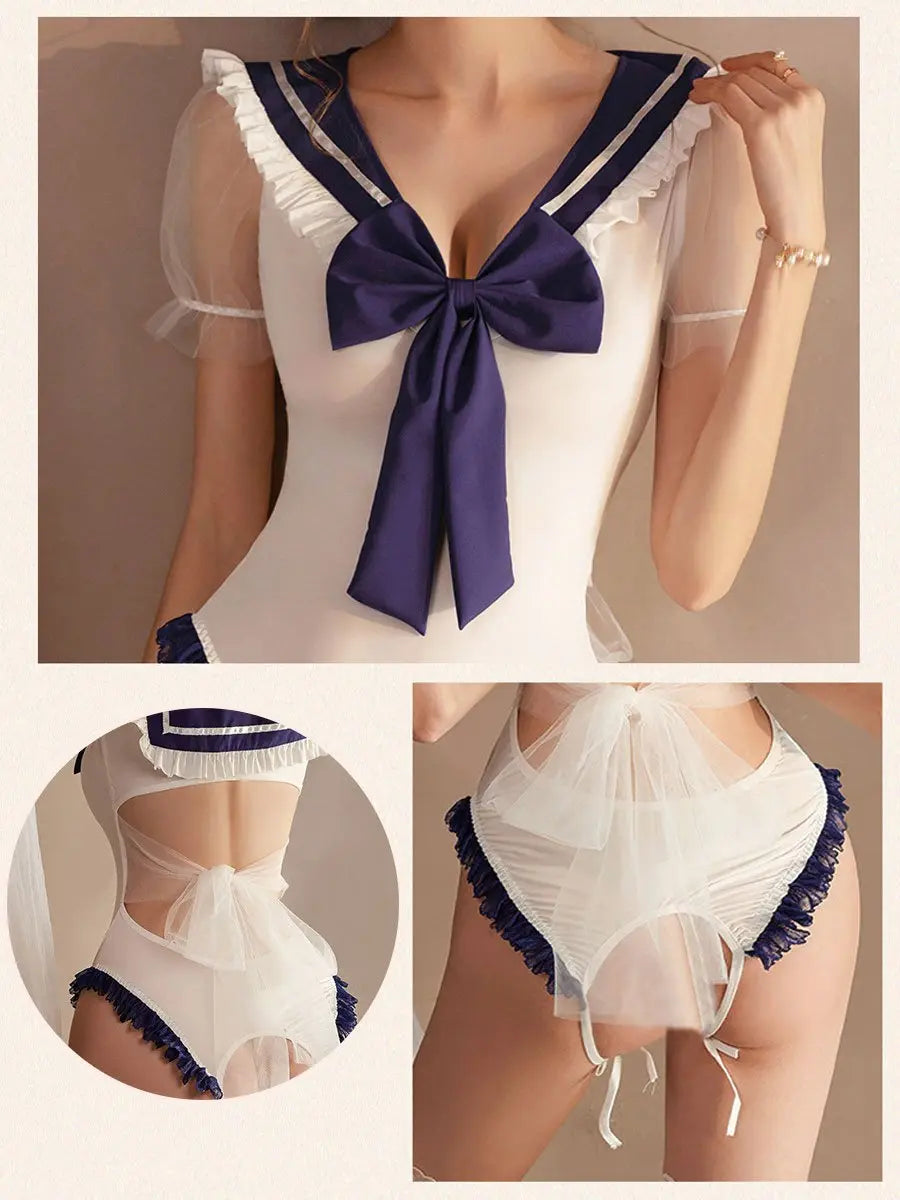 Japanese Style Crotchless Teddy Lingerie - Naughty Sailor Suit Blesssafe