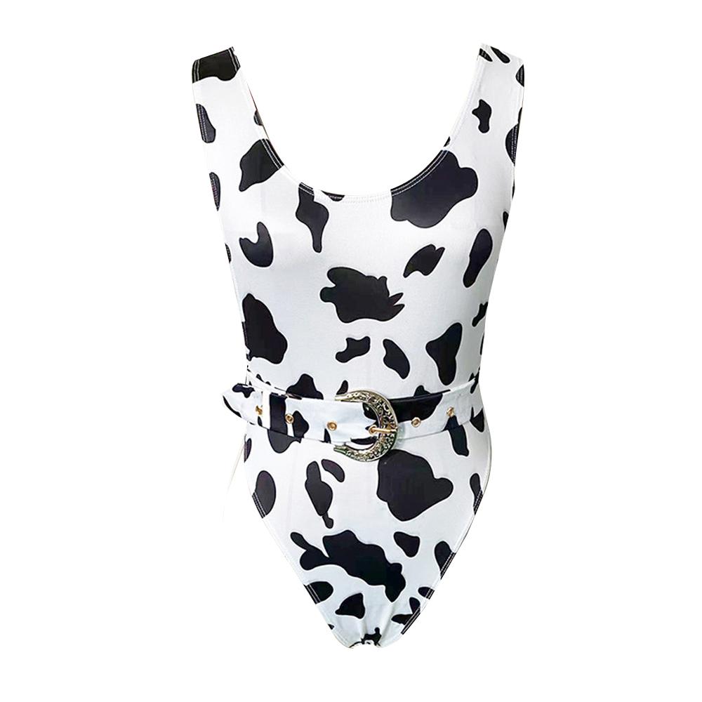 Sexy Cow Print Bodysuit with Belt High Cut Backless One Piece Swimsuit Blesssafe