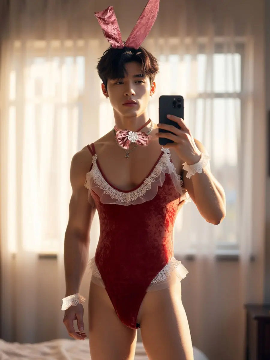 Men's Velvet Bunny Suit Lingerie Funny Sexy Male Rabbit Costume Set blesssafe