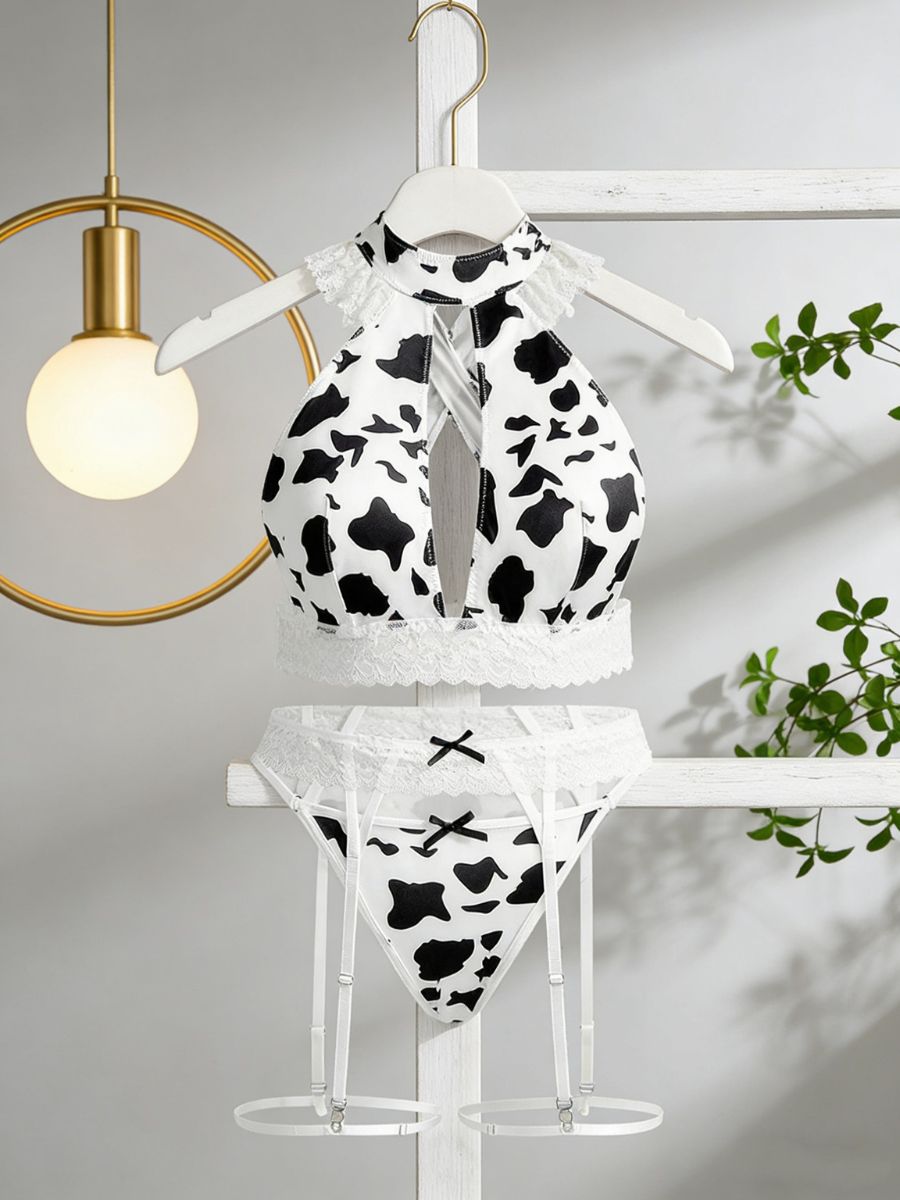 Plus Size Cow Print Garter Lingerie Set - Full Figure Anime Cosplay Blesssafe