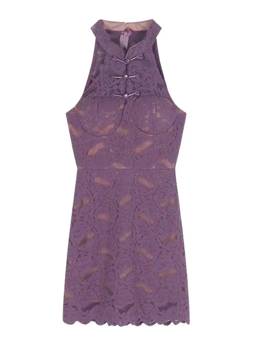 Purple Lace Cheongsam Dress w/ Shawl - Elegant Chinese Lingerie Blesssafe