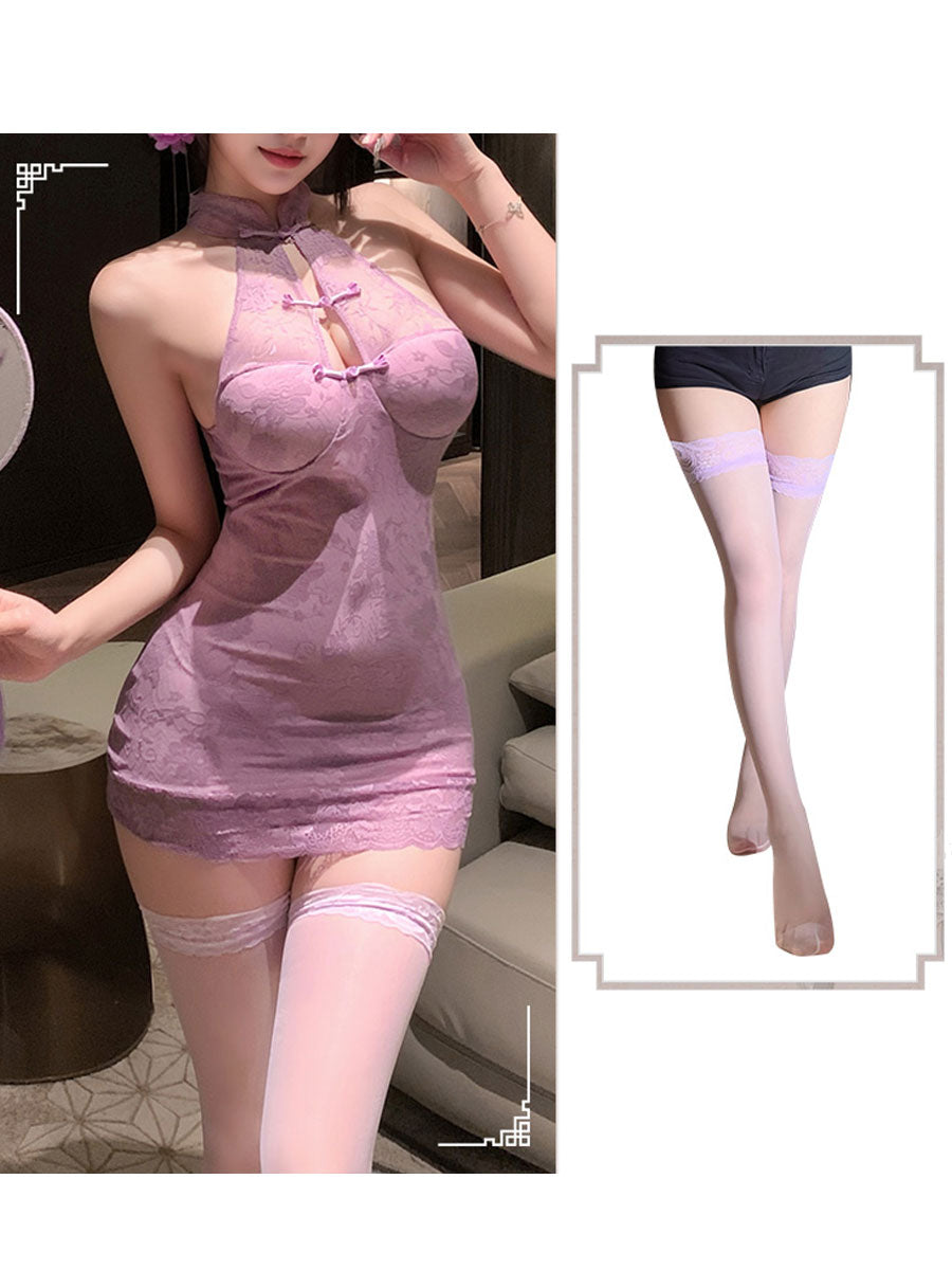 Chinese Purple Floral Lace Babydoll Dress - Transparent Nightie Blesssafe