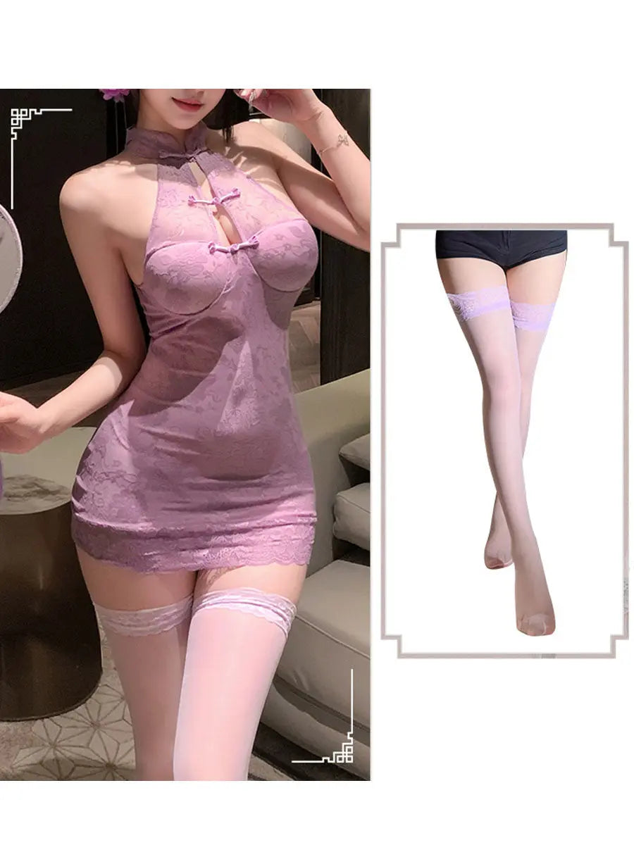 Chinese Purple Floral Lace Babydoll Dress - Transparent Nightie Blesssafe
