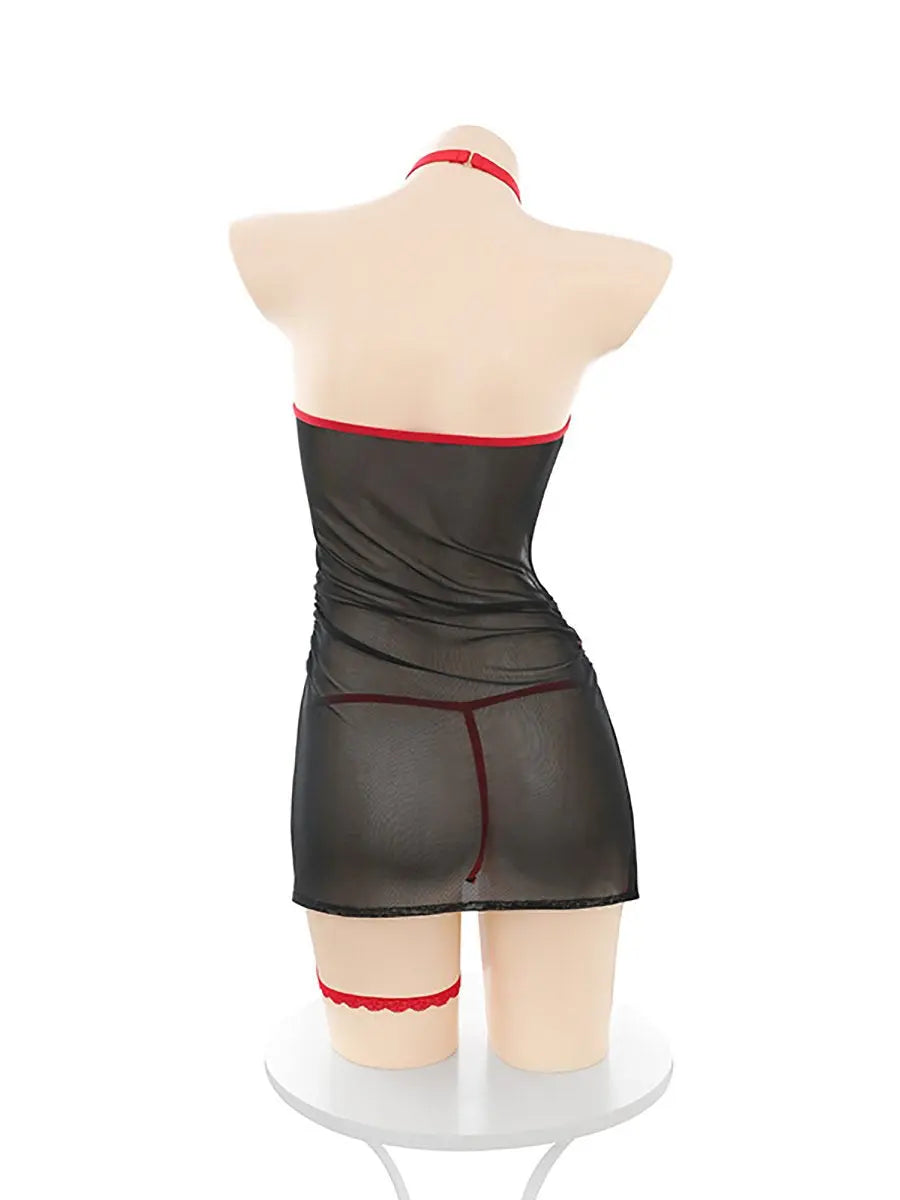 Sheer Mesh Chinese Dress with Apron - Sexy Transparent Servant Blesssafe