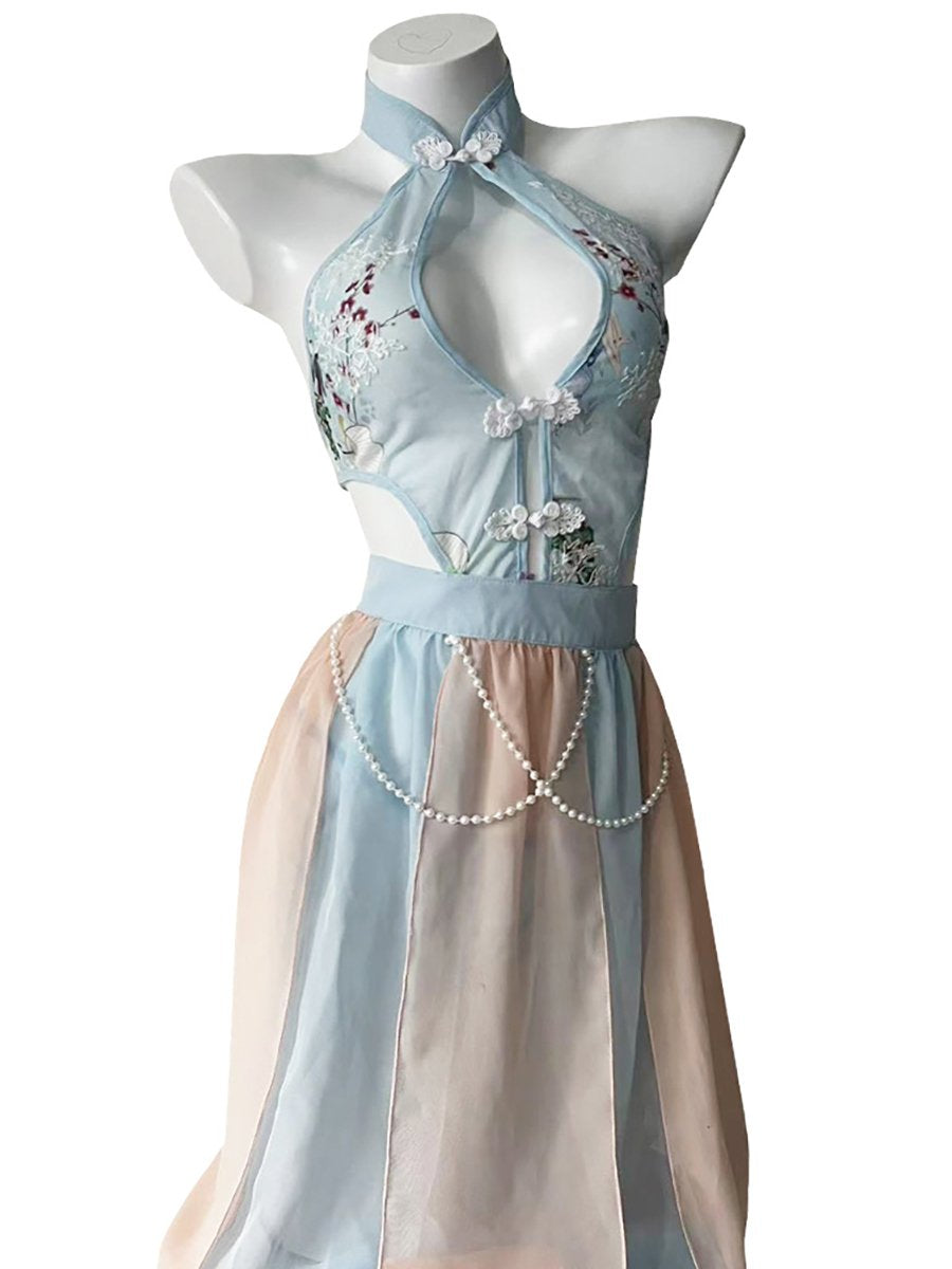 Chinese Style Floral Mesh Dress - Transparent Side Slit Qipao Nightie Blesssafe