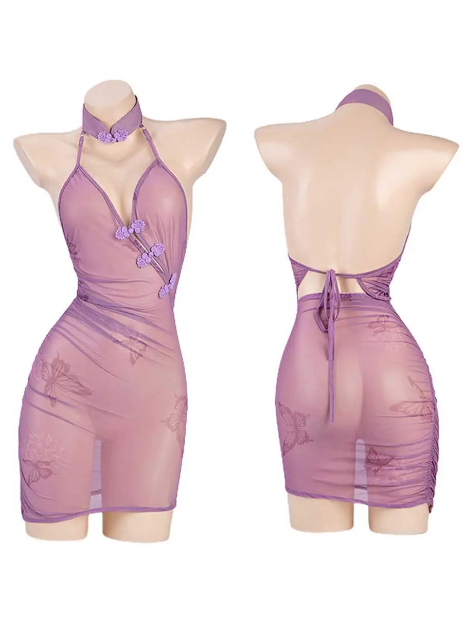 Purple Butterfly Print Vintage Lingerie Dress - Sheer Chinese Qipao Blesssafe