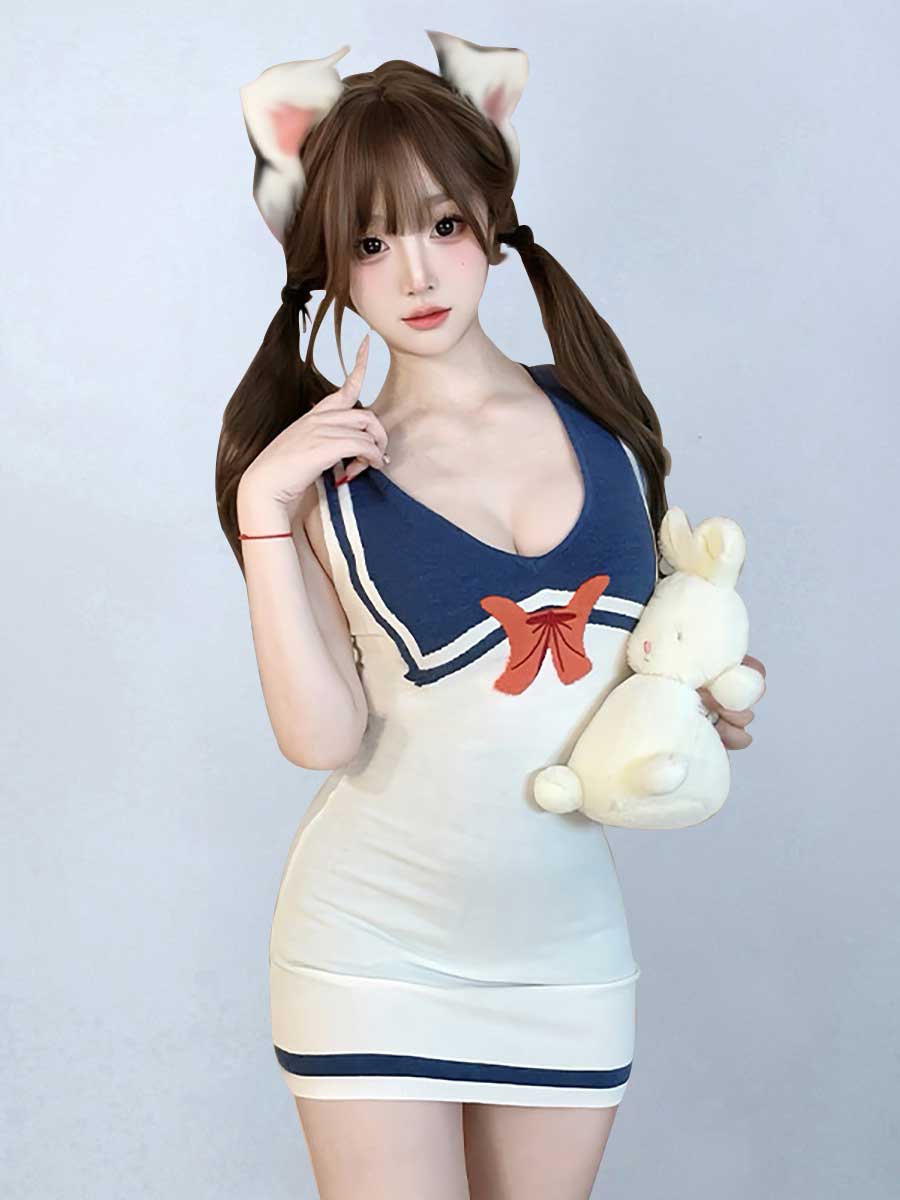 Anime Sailor Style Knitted Bodycon Dress - Cozy Chinese Qipao Blesssafe