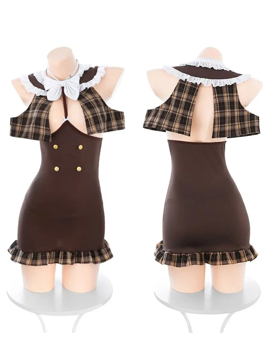 Brown Plaid Cupless Bodycon Dress - Open Bust Anime Student Gown Blesssafe