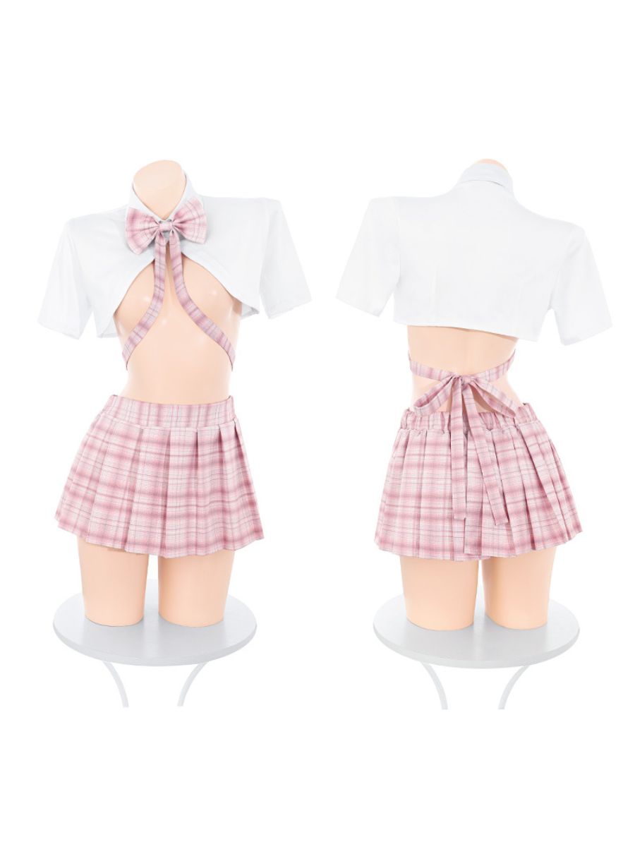Pink Plaid Mini Skirt Uniform - Kawaii Anime Student Costume