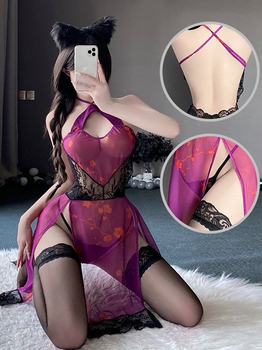 Lace Mesh High Slit Cheongsam Dress - Sheer Chinese Style Nightie Blesssafe