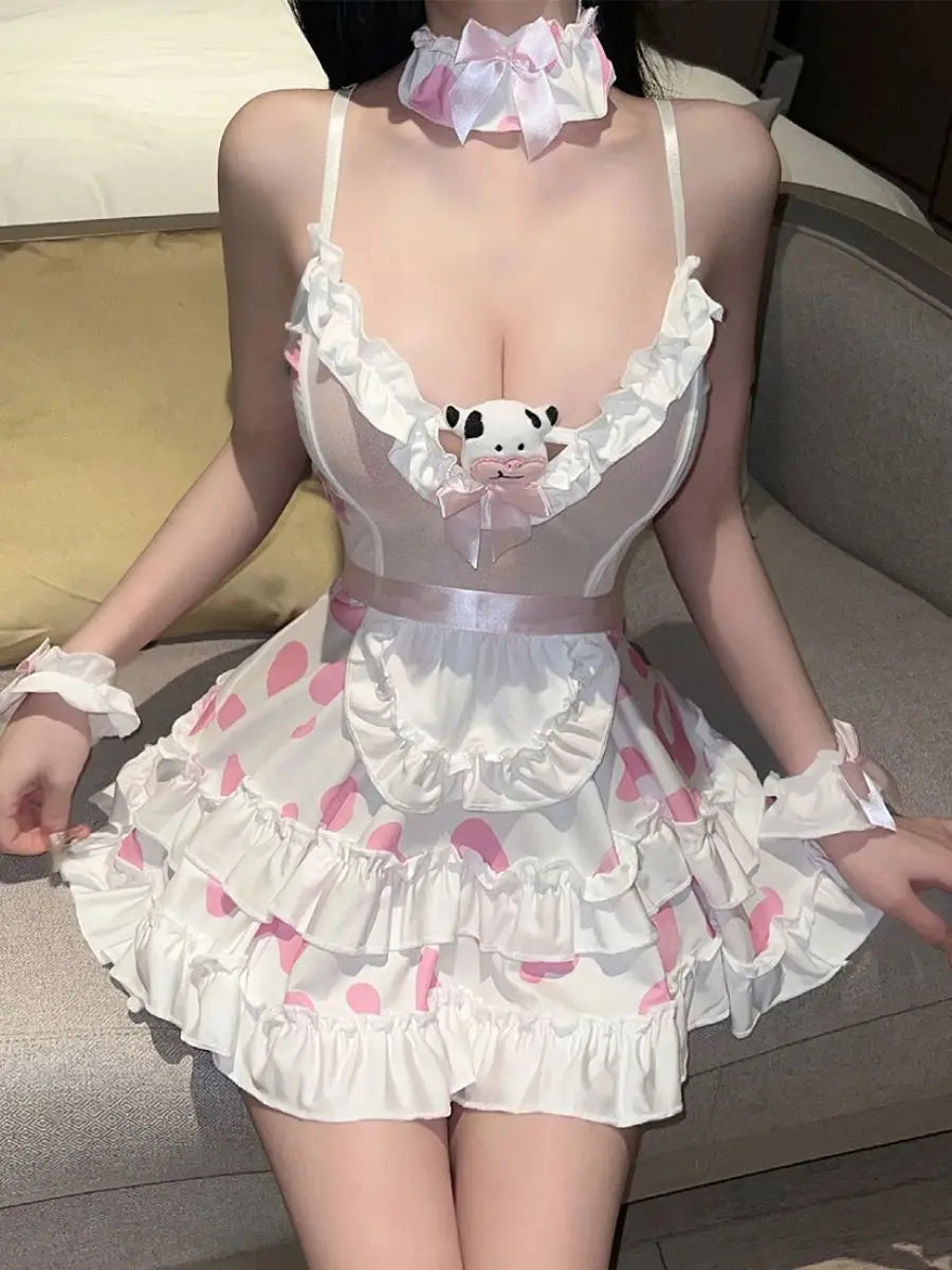Ruffled Kawaii Cow Girl Lingerie - Cute Anime Lace Apron Teddy Blesssafe