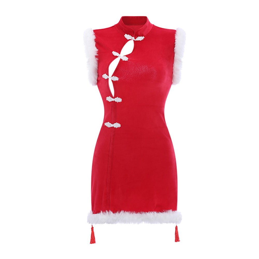 Sexy Chinese Lingerie Cheongsam Vintage Asian Qipao Red Lace Up Backless Dress Blesssafe