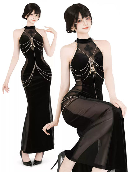Sorceress Velvet Mesh Cutout Maxi Dress - Exotic Wear BLESSSAFE
