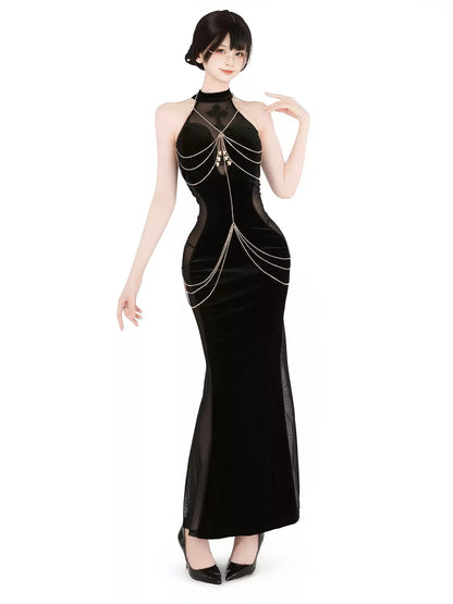Sorceress Velvet Mesh Cutout Maxi Dress - Exotic Wear BLESSSAFE