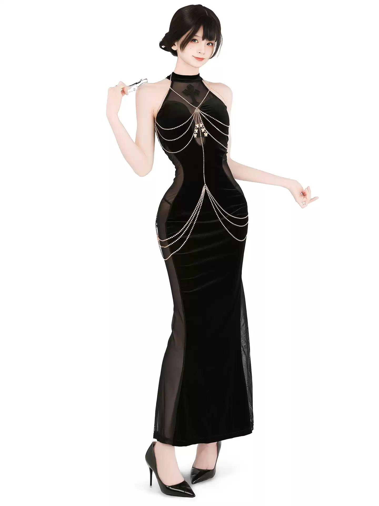 Sorceress Velvet Mesh Cutout Maxi Dress - Exotic Wear BLESSSAFE