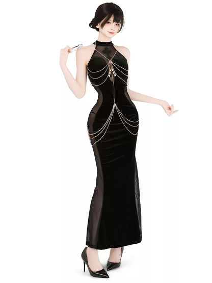 Sorceress Velvet Mesh Cutout Maxi Dress - Exotic Wear BLESSSAFE