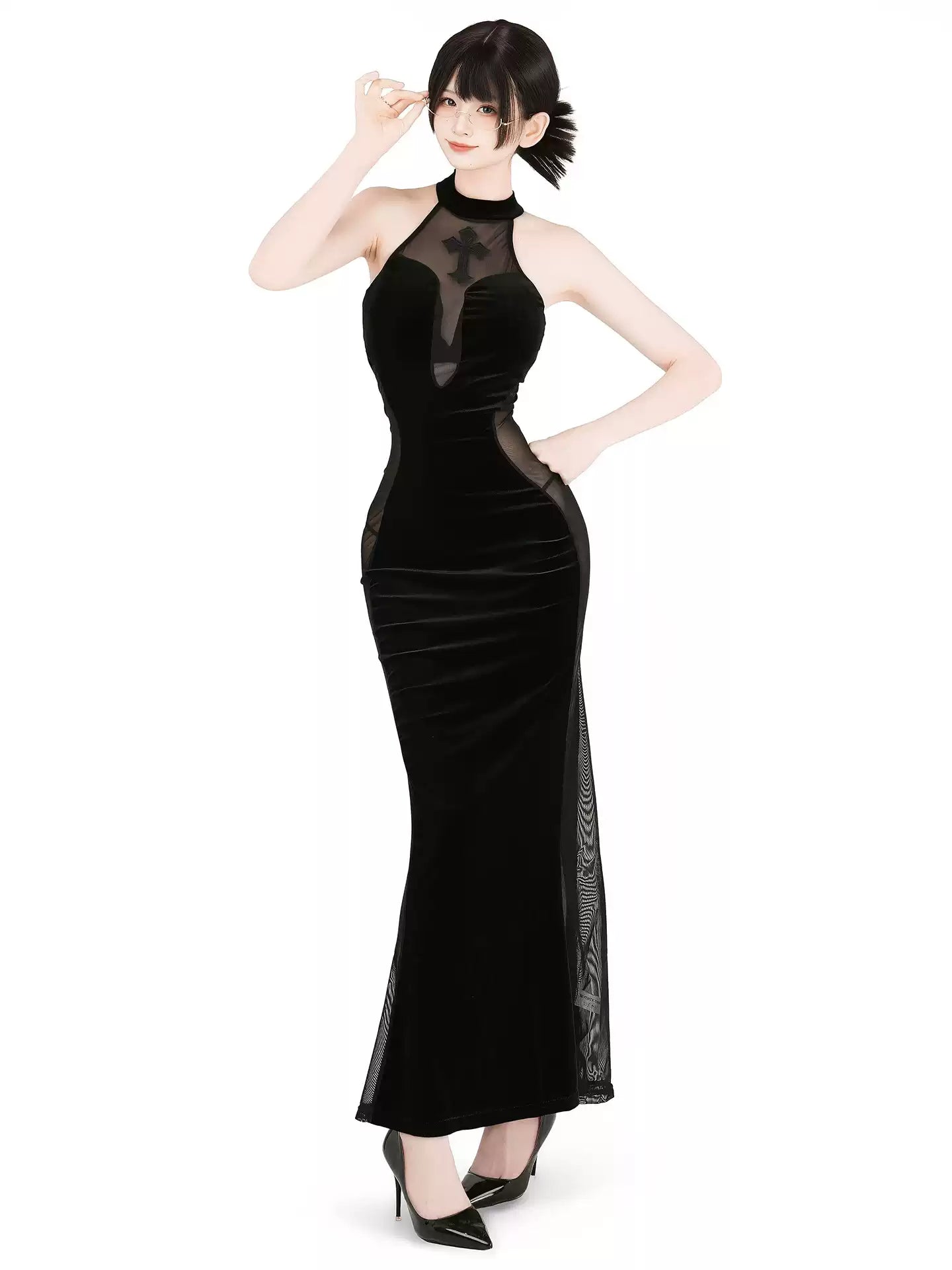 Sorceress Velvet Mesh Cutout Maxi Dress - Exotic Wear BLESSSAFE