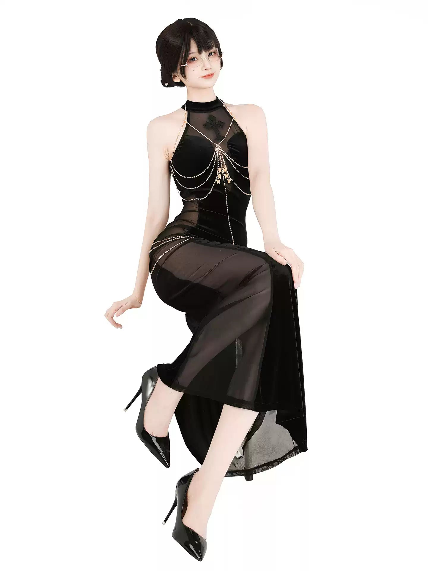 Sorceress Velvet Mesh Cutout Maxi Dress - Exotic Wear BLESSSAFE