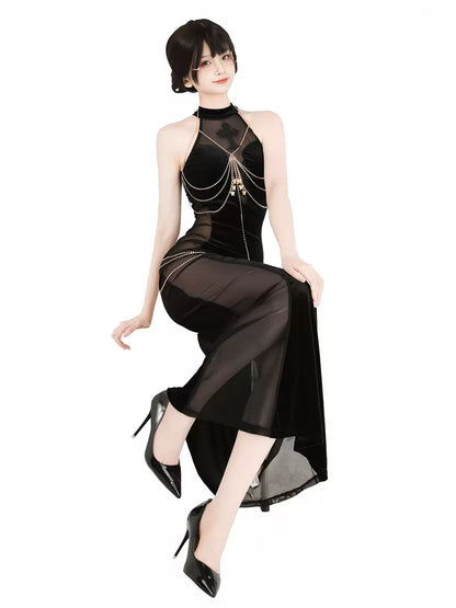 Sorceress Velvet Mesh Cutout Maxi Dress - Exotic Wear BLESSSAFE
