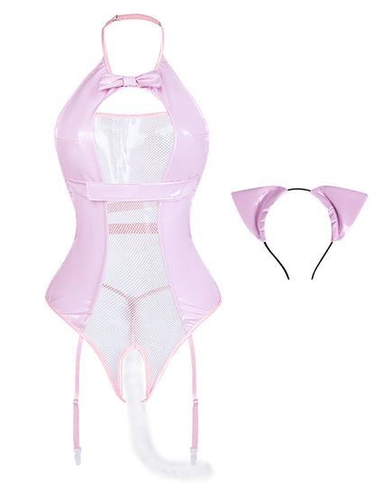Wet Look Cat Crotchless Bodysuit blesssafe
